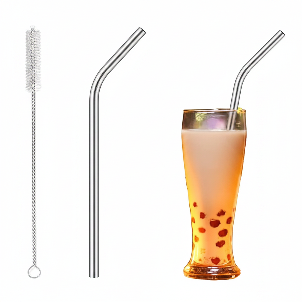 Brosse, paille courbée et verre de bubble tea avec paille courbée